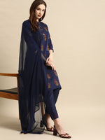 Thumbnail for All About You Women Navy Blue Ethnic Motifs Printed Kurta with Trousers & With Dupatta - Distacart