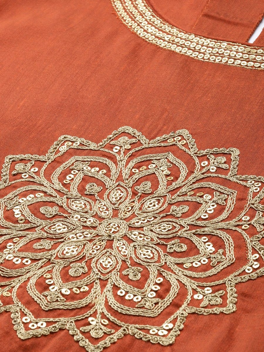 All About You Women Orange& Cream Embroidered Kurta with Dupatta - Distacart