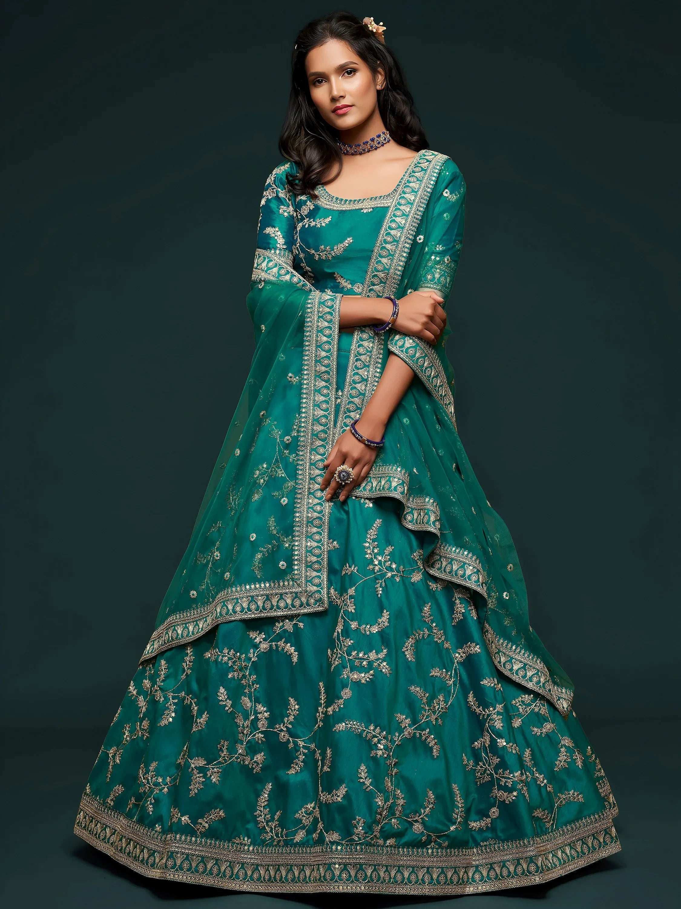 Tulsi Art Green Thread Embroidery Art Silk Wedding Wear Lehenga Choli - Dista