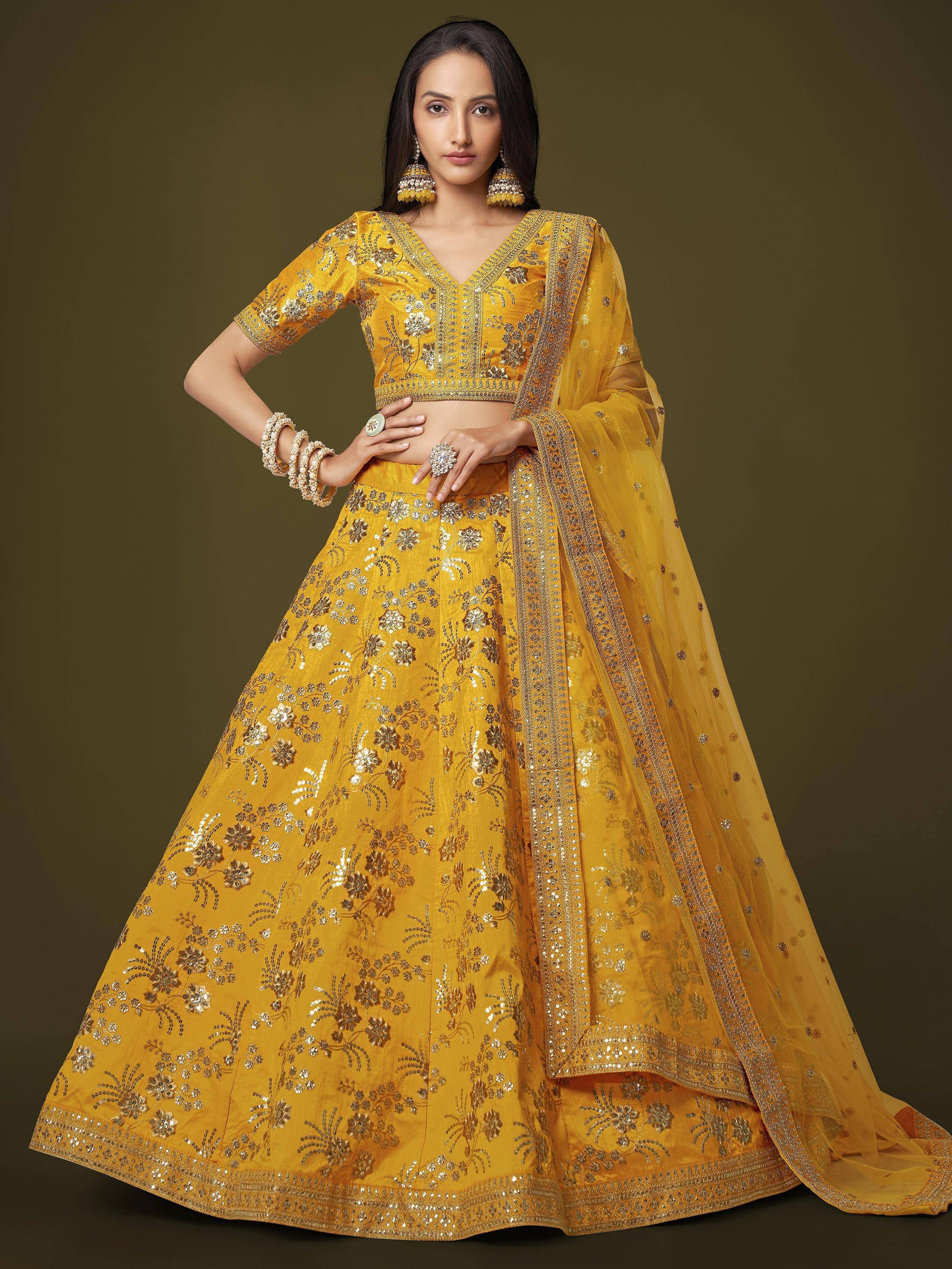 Tulsi Art Fascinating Yellow Sequins Embroidery Slub Silk Lehenga Choli - Dista