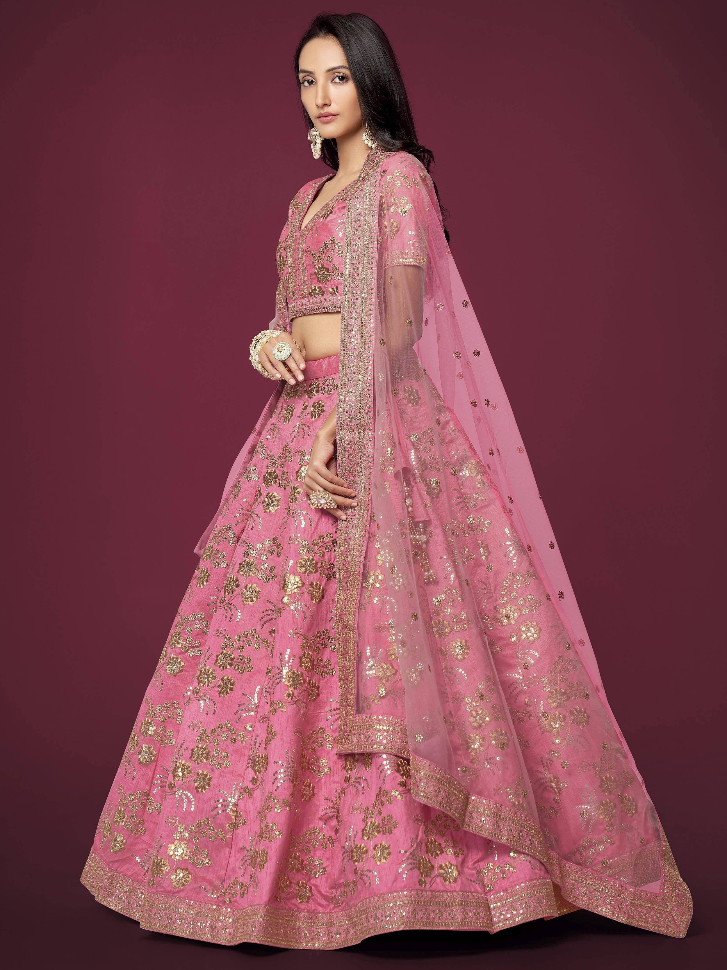 Tulsi Art Marvelous Pink Sequins Work Slub Silk Wedding Wear Lehenga Choli - Dista