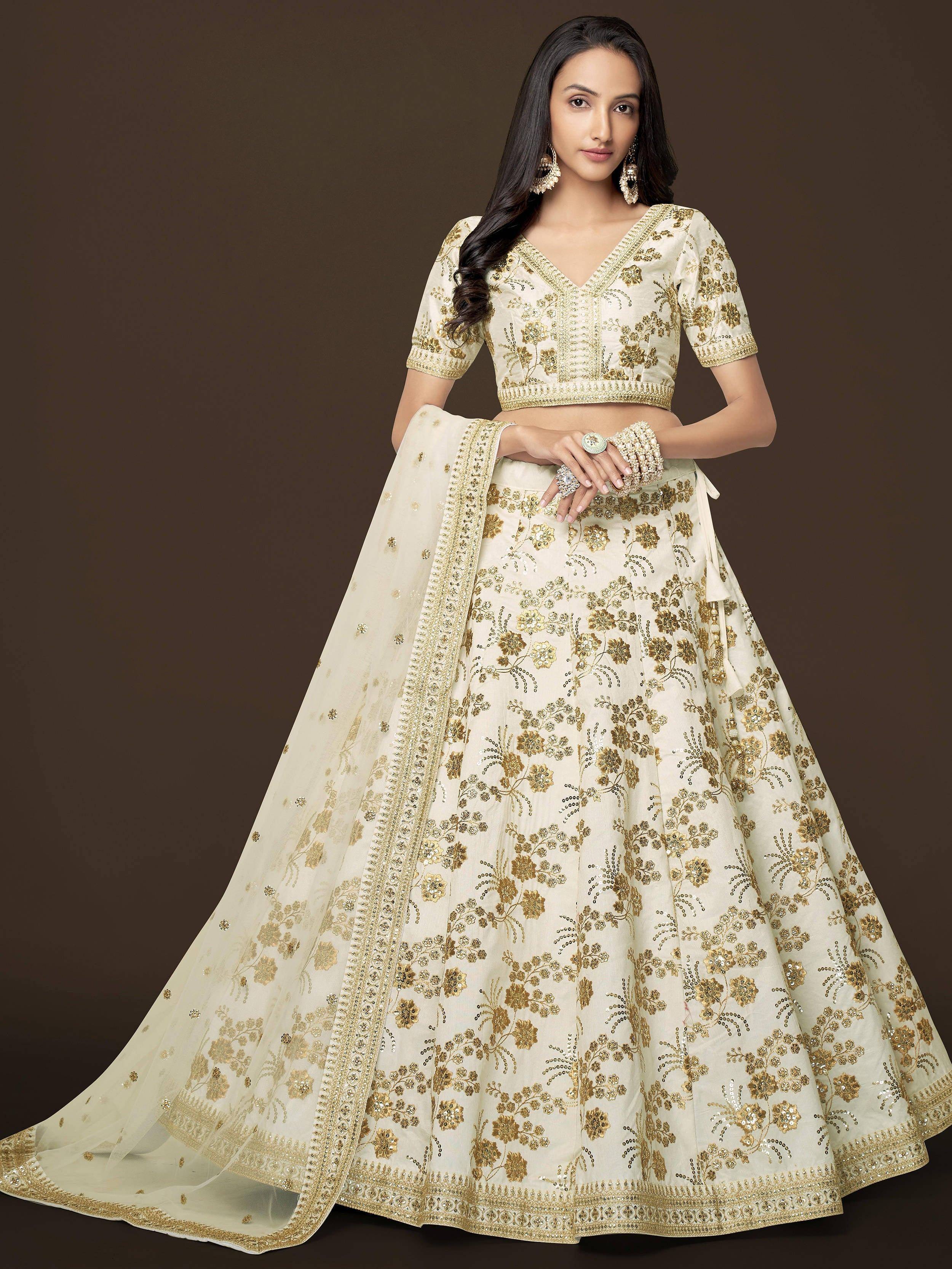 Tulsi Art Alluring White Zari Work Engagement Wear Slub Silk Lehenga Choli - Dista