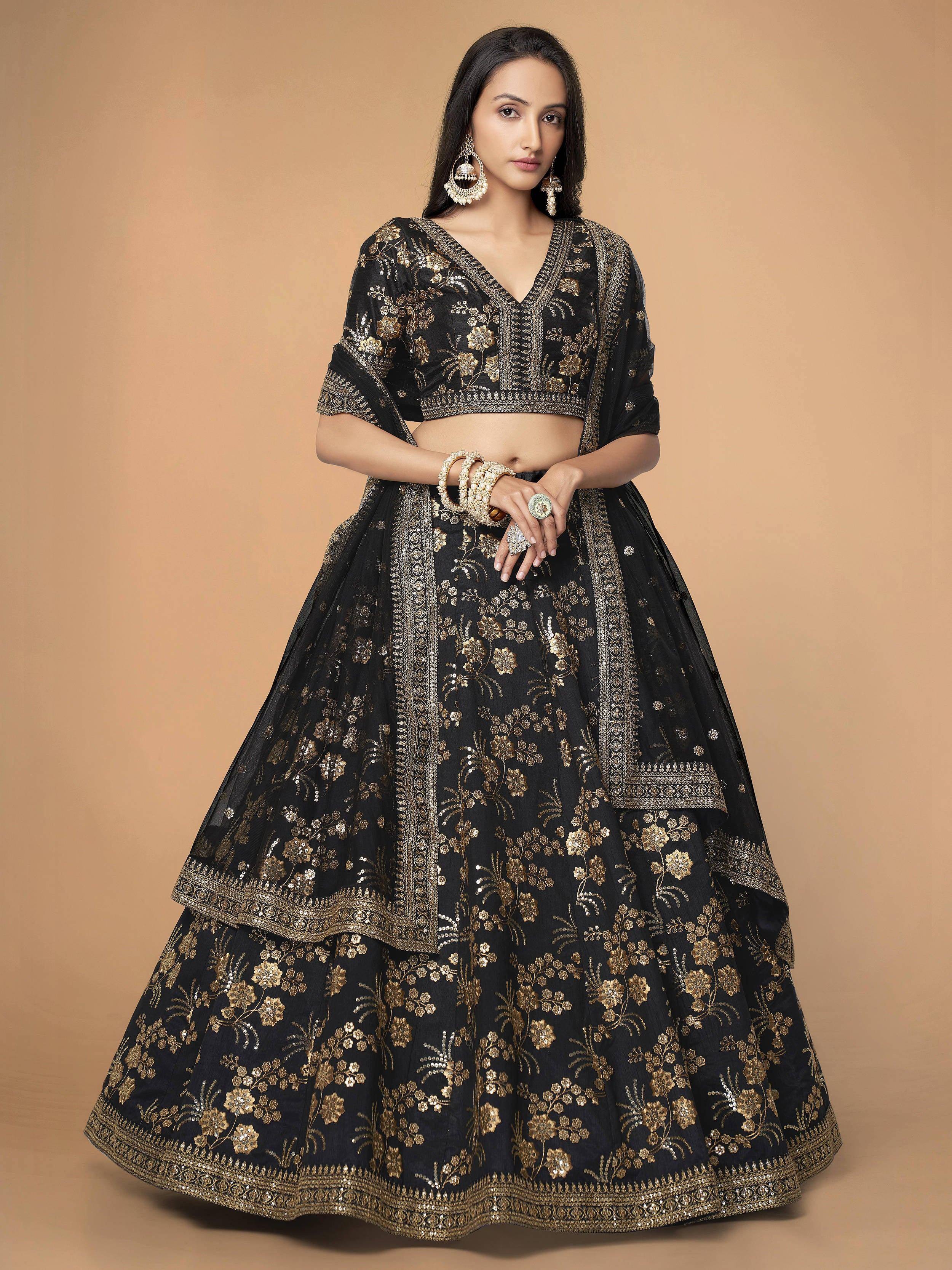 Tulsi Art Magnetic Black Sequins Work Slub Silk Reception Wear Lehenga Choli - Dista
