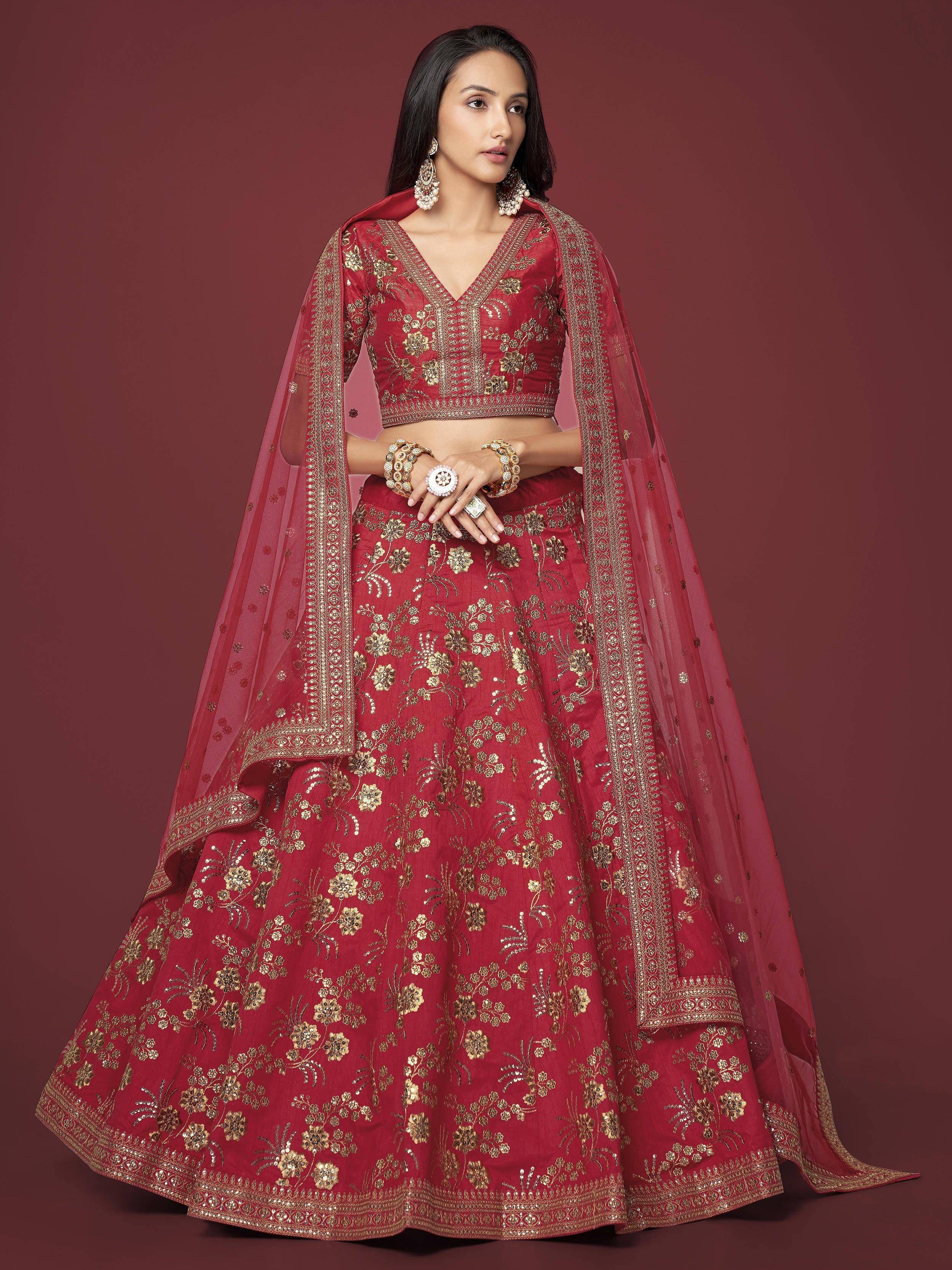 Tulsi Art Bewitching Red Zari Work Slub Silk Wedding Wear Lehenga Choli - Dista