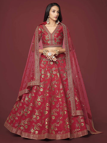 Tulsi Art Bewitching Red Zari Work Slub Silk Wedding Wear Lehenga Choli - Dista