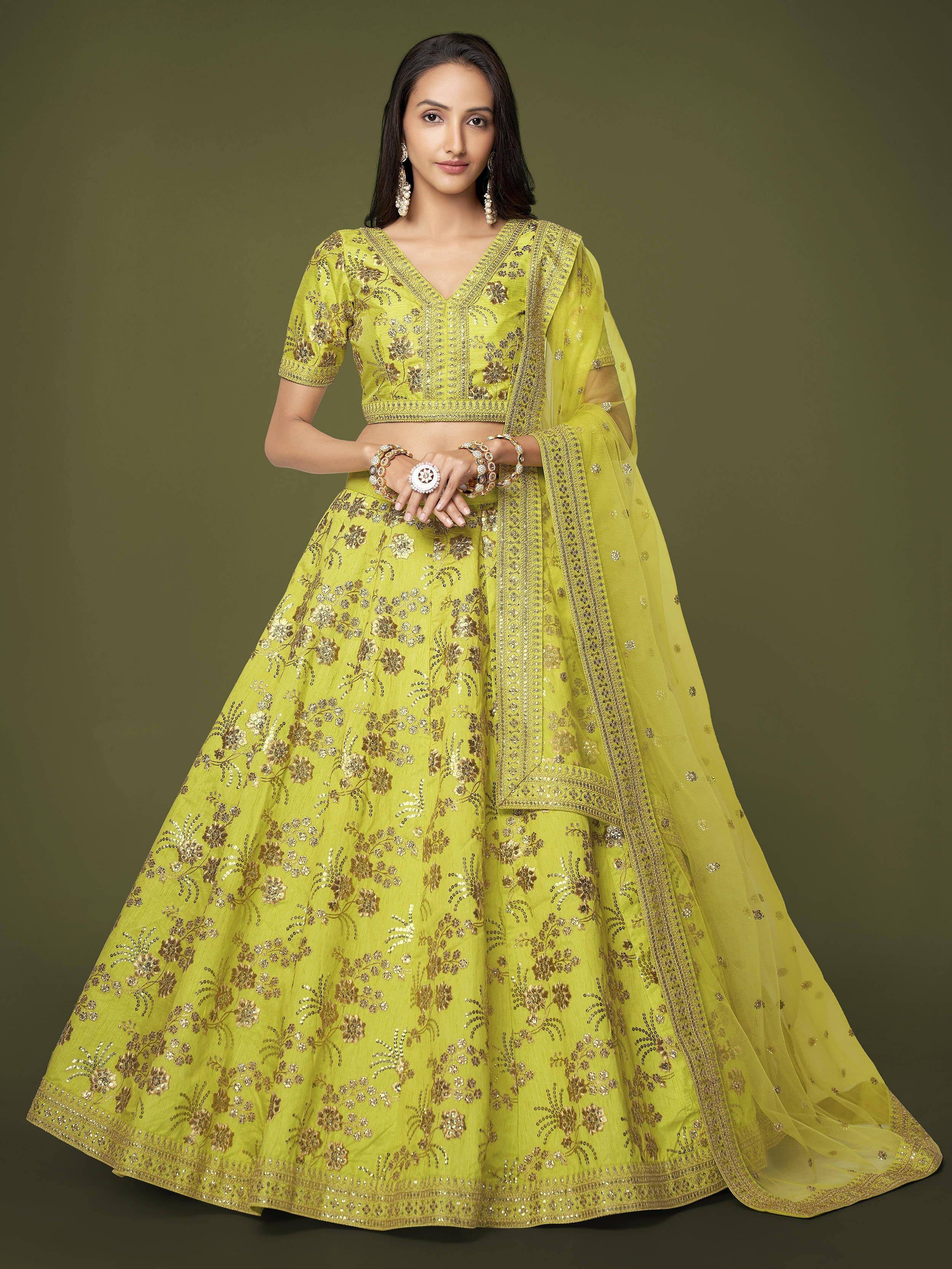 Tulsi Art Prodigious Neon Green Sequins Work Lehenga Choli With Dupatta - Dista