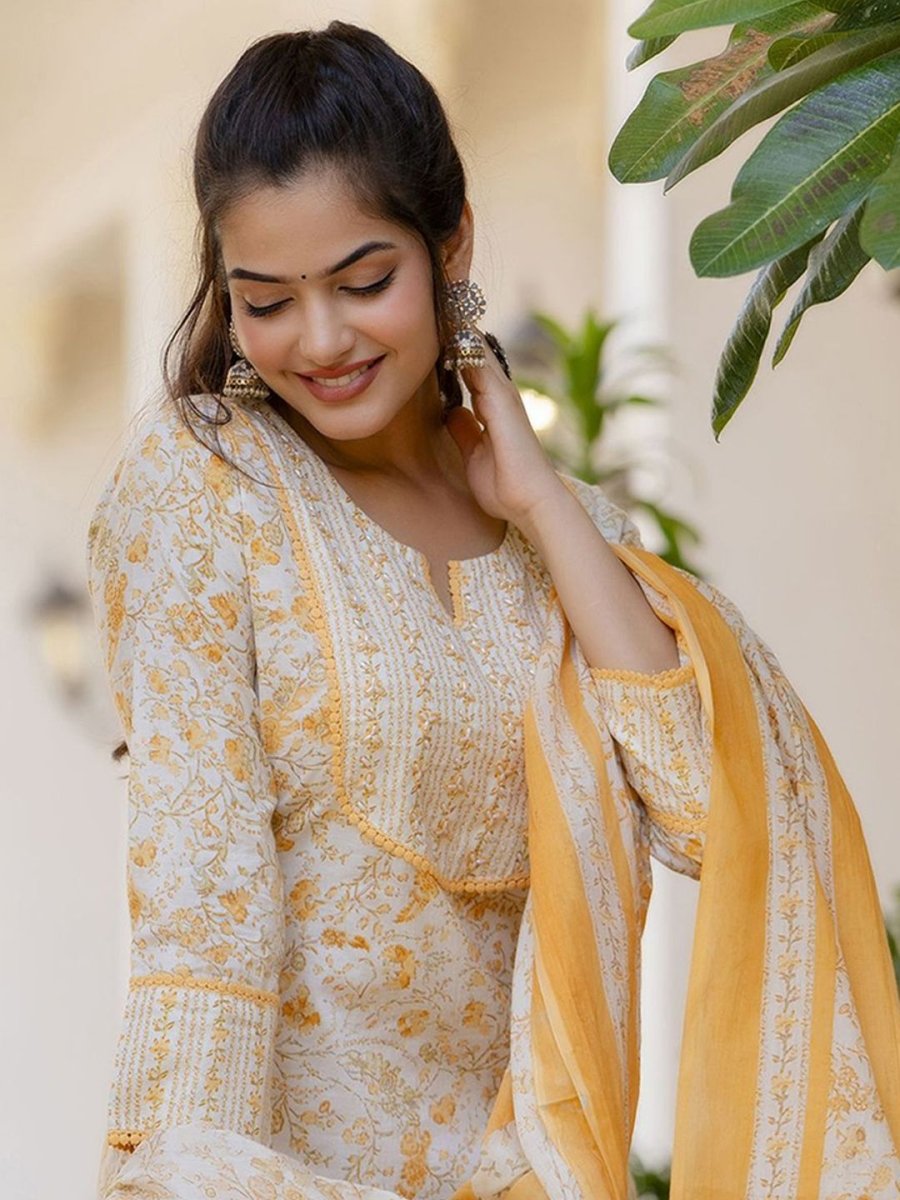 Anouk Women Floral Printed Regular Aari Work Pure Cotton Kurta with Palazzos & With Dupatta - Distacart