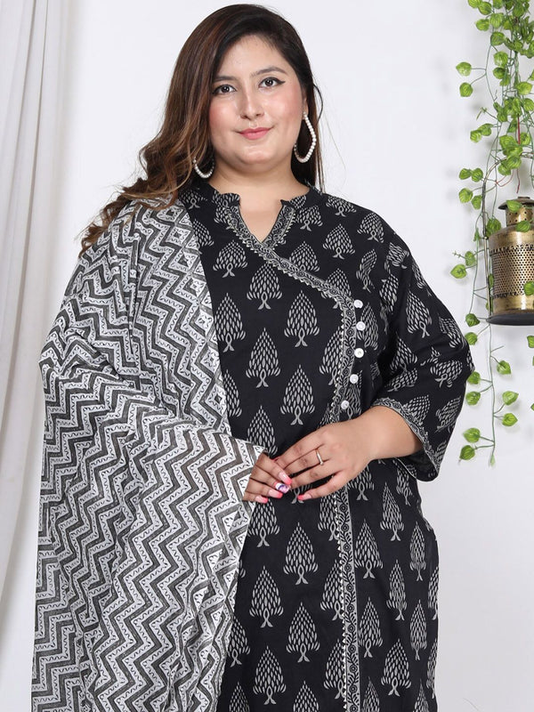 Swasti Plus Size Ethnic Motifs Printed Cotton Angrakha Kurta With Trousers & Dupatta