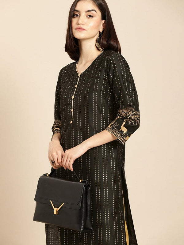 All About You Women Black & Gold Striped Regular Kurta with Trousers - Distacart
