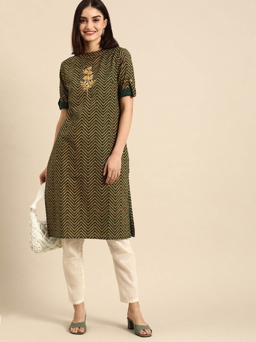 All About You Women Green & Yellow Floral Embroidered Thread Work Pure Cotton Kurta - Distacart