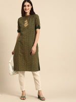 Thumbnail for All About You Women Green & Yellow Floral Embroidered Thread Work Pure Cotton Kurta - Distacart