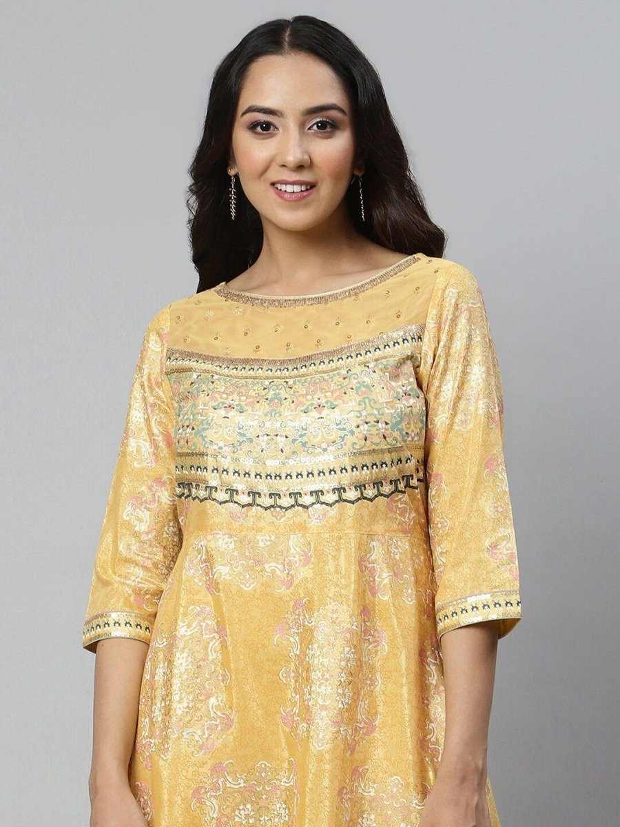 AURELIA Yellow Ethnic Motifs Satin Maxi Dress
