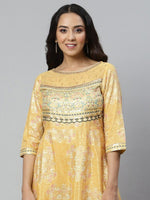 Thumbnail for AURELIA Yellow Ethnic Motifs Satin Maxi Dress