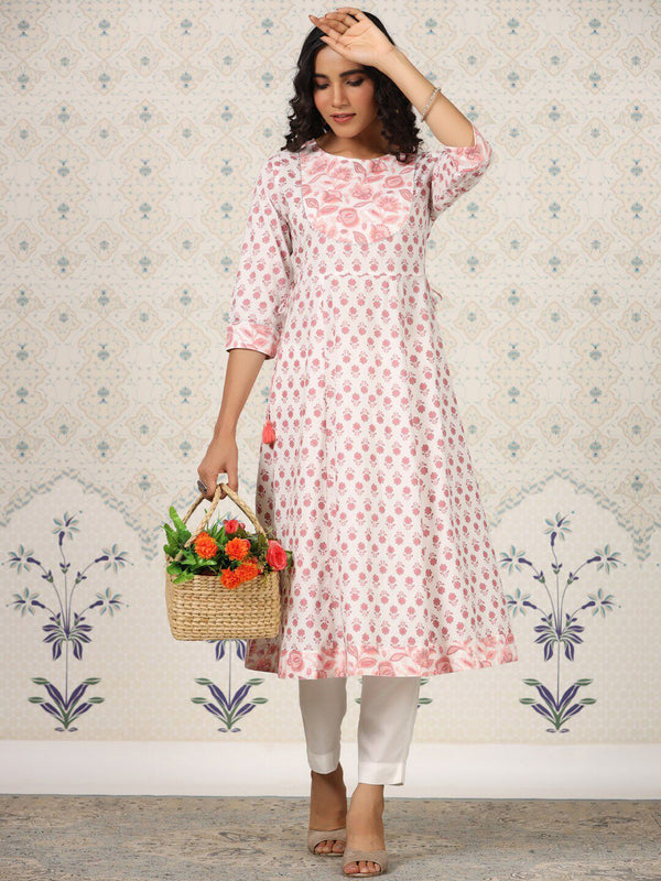 Ode by House of Pataudi Floral Printed Gotta Patti Pure Cotton A-Line Kurta - Distacart
