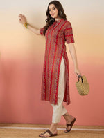 Thumbnail for Anouk Red Chevron Printed Mandarin Collar Short Sleeves Cotton Kurta