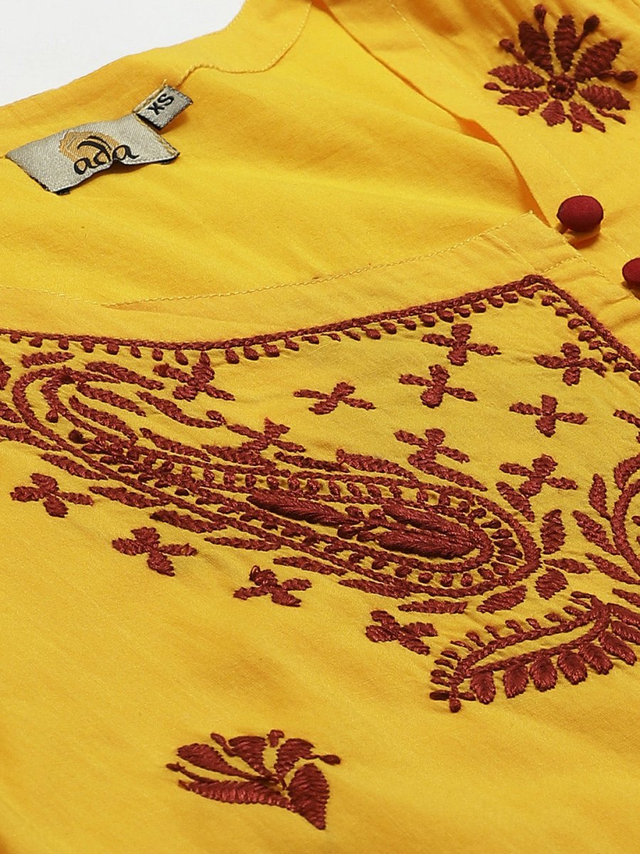 ADA Women Yellow & Maroon Paisley Chikankari Embroidered Sustainable Handloom Kurta with Trousers - Distacart