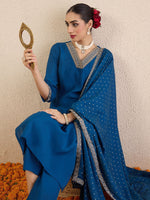 Thumbnail for Indo Era Ethnic Motifs Embroidered Regular V-Neck Straight Kurta With Trousers & Dupatta