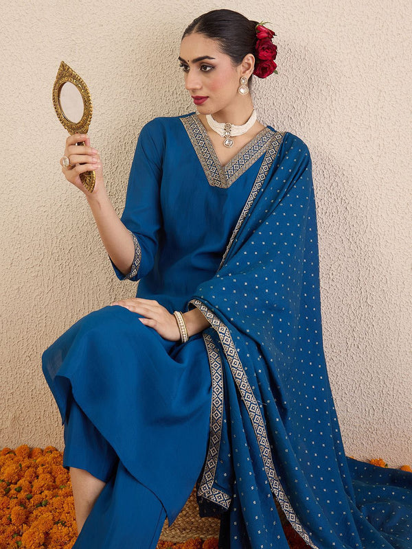 Indo Era Ethnic Motifs Embroidered Regular V-Neck Straight Kurta With Trousers & Dupatta