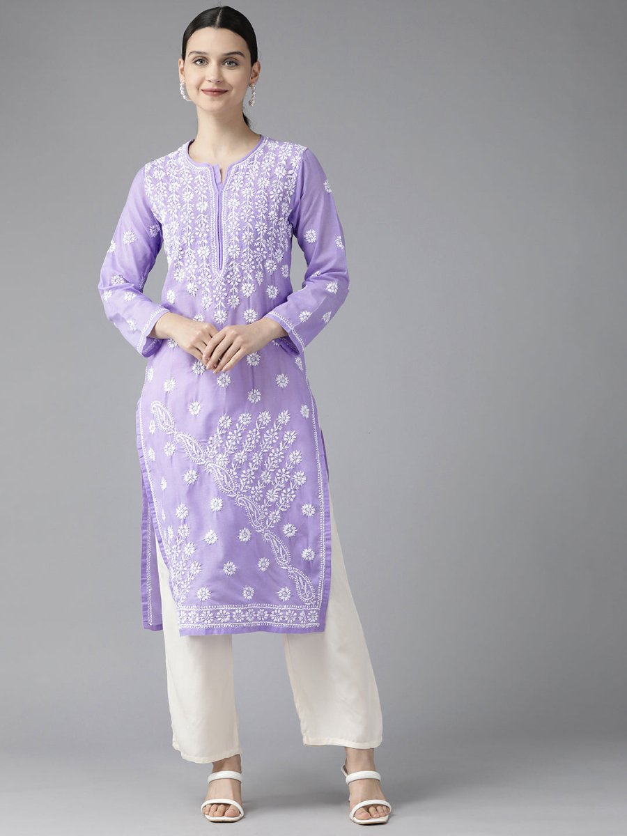 ADA Women Mauve & White Ethnic Motifs Embroidered Chikankari Kurta - Distacart