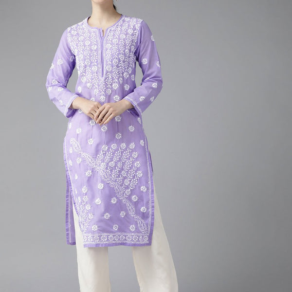 ADA Women Mauve & White Ethnic Motifs Embroidered Chikankari Kurta - Distacart