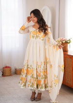 Thumbnail for Lorenvalley Fashion Offwhite Organza Silk Floral Print Anarkali Gown Pant With Dupatta