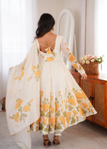 Thumbnail for Lorenvalley Fashion Offwhite Organza Silk Floral Print Anarkali Gown Pant With Dupatta
