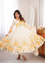 Thumbnail for Lorenvalley Fashion Offwhite Organza Silk Floral Print Anarkali Gown Pant With Dupatta