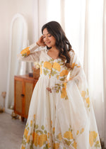 Thumbnail for Lorenvalley Fashion Offwhite Organza Silk Floral Print Anarkali Gown Pant With Dupatta
