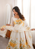 Thumbnail for Lorenvalley Fashion Offwhite Organza Silk Floral Print Anarkali Gown Pant With Dupatta