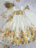 Thumbnail for Lorenvalley Fashion Offwhite Organza Silk Floral Print Anarkali Gown Pant With Dupatta