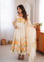 Thumbnail for Lorenvalley Fashion Offwhite Organza Silk Floral Print Anarkali Gown Pant With Dupatta