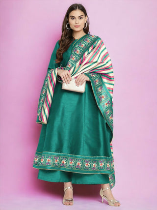 Ahalyaa Women Sea Green Printed Gotta Patti Kurti with Palazzos & Dupatta - Sea Green - Distacart