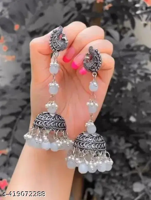 Tehzeeb Creations Women's Silver Colour Oxidised Peacock Design Earrings With White Pearl - Distacart