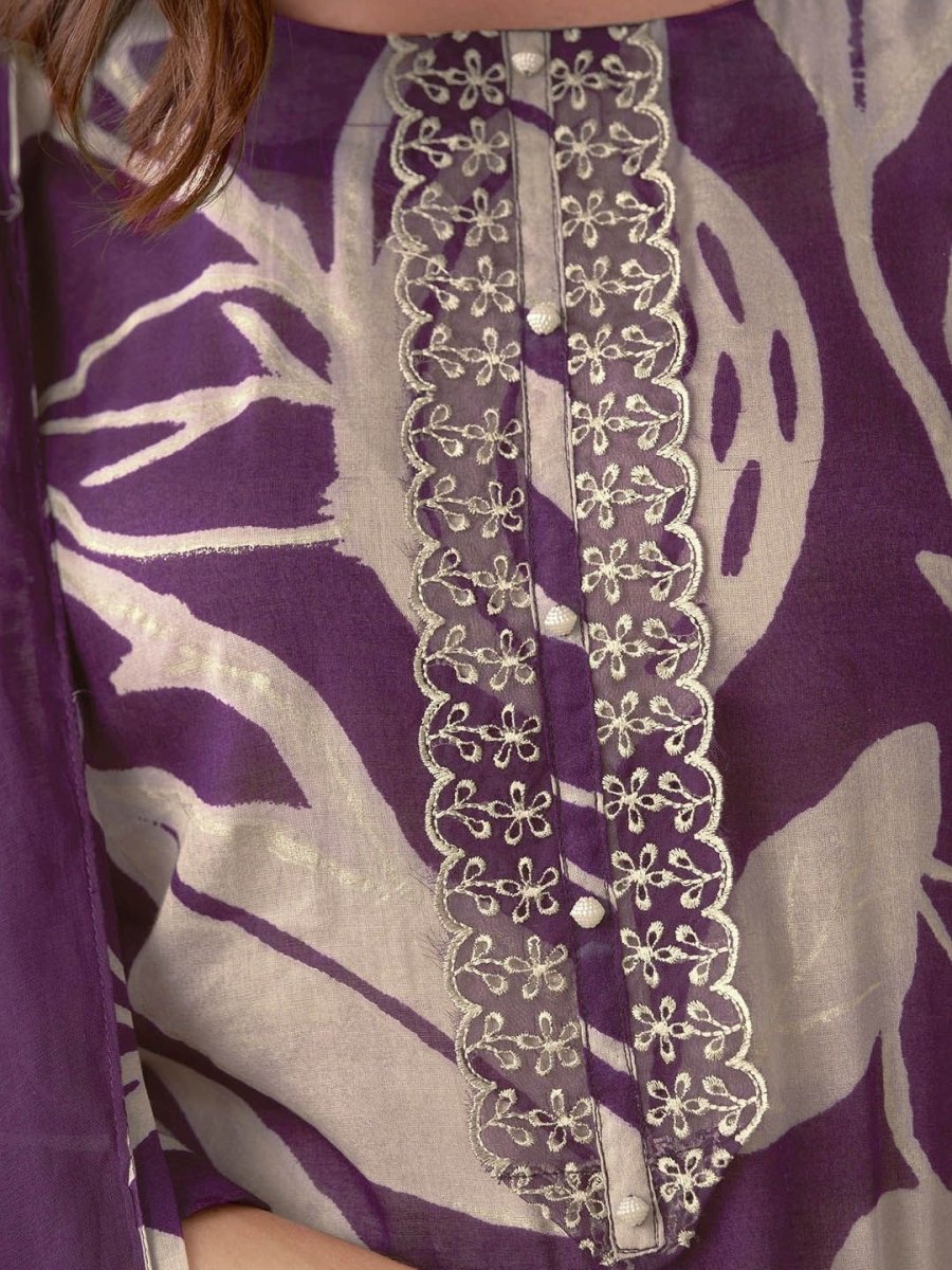 Anouk Floral Printed Thread Work Pure Cotton Straight Kurta With Trousers & Dupatta - Distacart