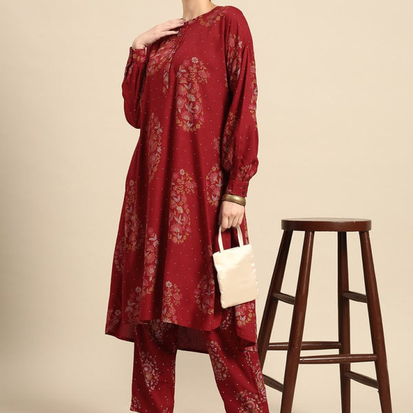 Anouk Women Paisley Printed Pleated High-Low Kurta with Trousers - Distacart
