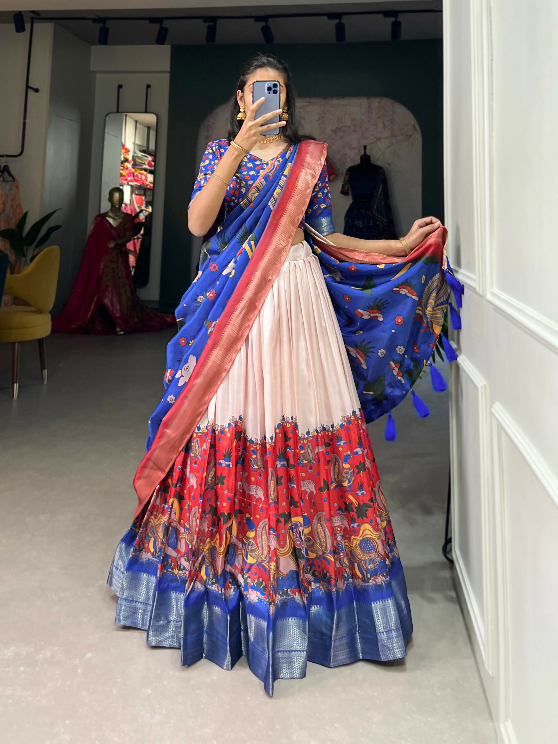 Vastranavya Kalamkari Print With Weaving Border Lehenga with Unstitched Blouse - Red - Distacart