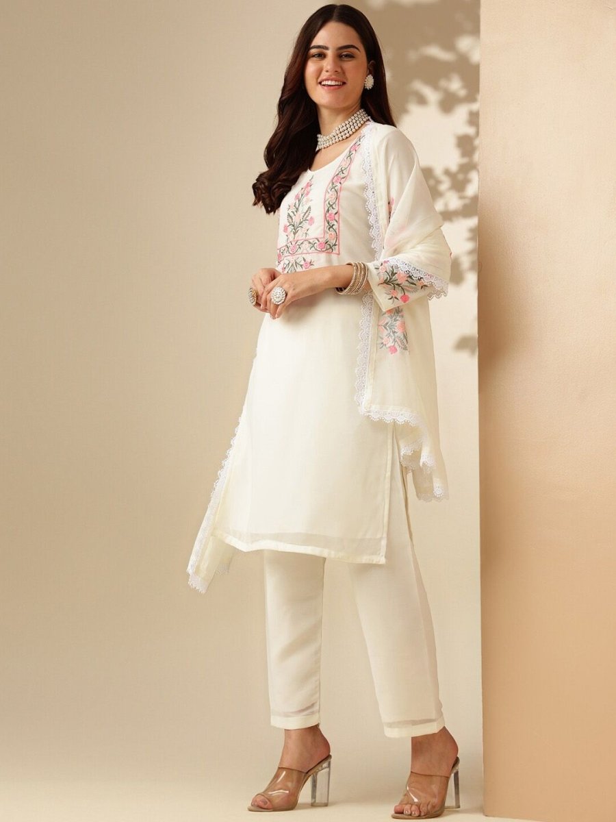 Anouk Floral Yoke Design Regular Thread Work Kurta With Palazzos & Dupatta