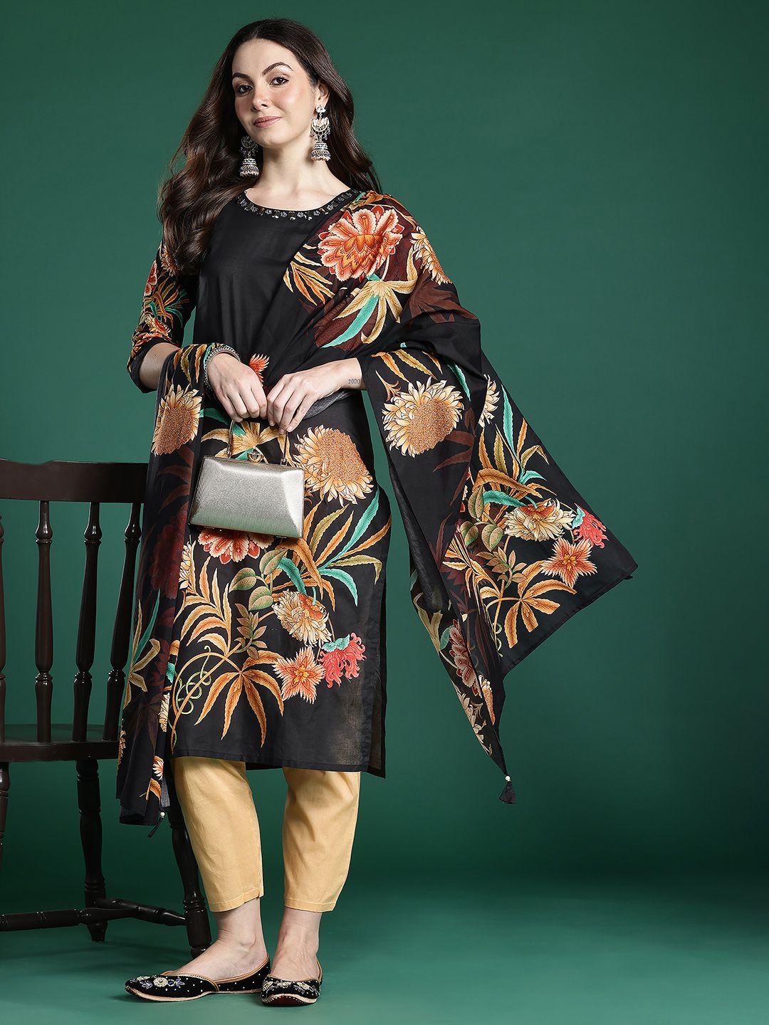 Indo Era Women Floral Printed Pure Cotton Kurta with Trousers & With Dupatta - Distacart