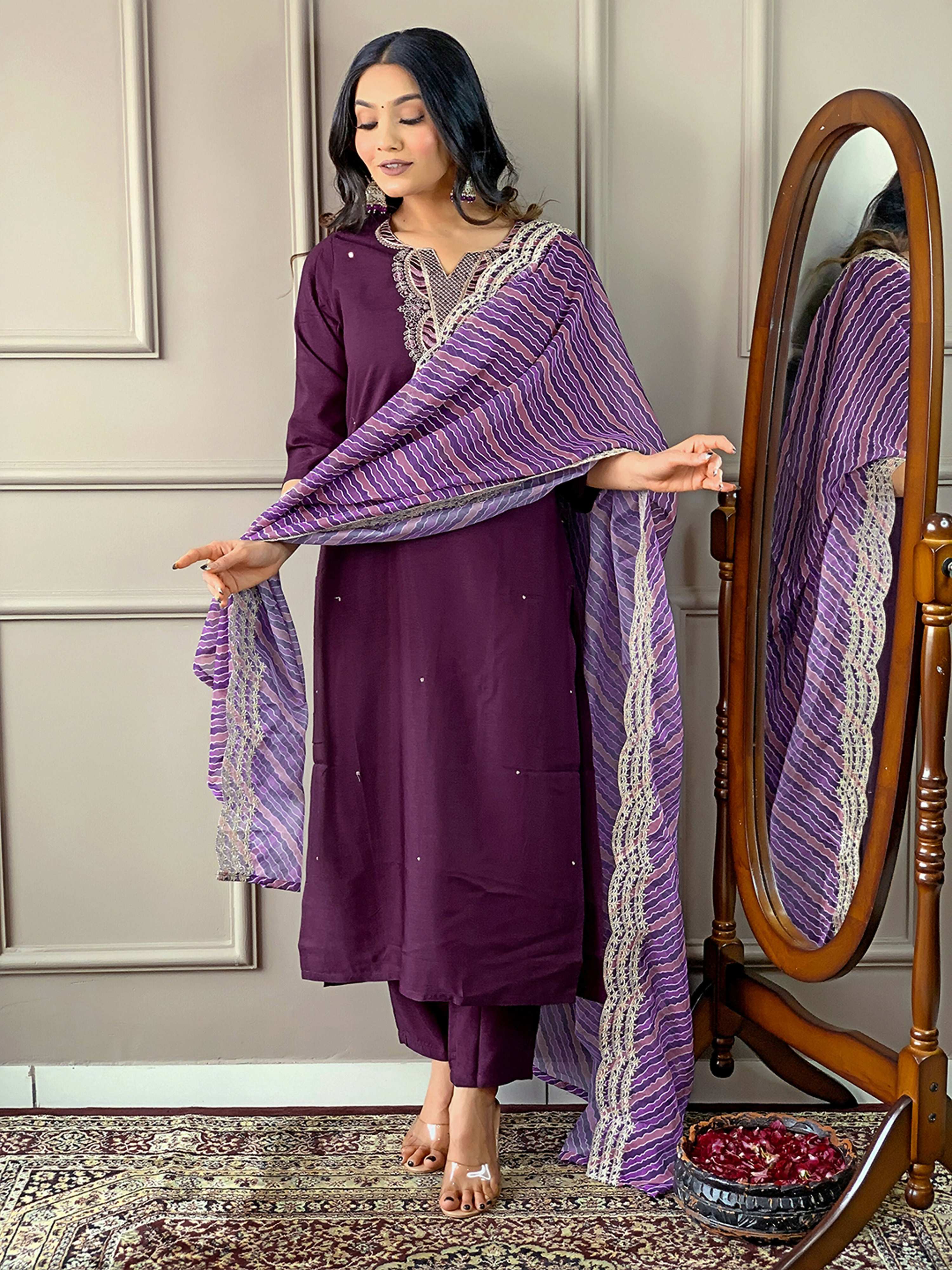 Partywear Designer Viscose Silk Wine Stitched Suit With Dupatta - Tanisha - Distacart