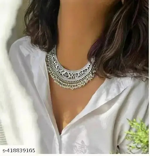 Tehzeeb Creations Women's Silver Colour Oxidised Necklace With White Pearl - Distacart