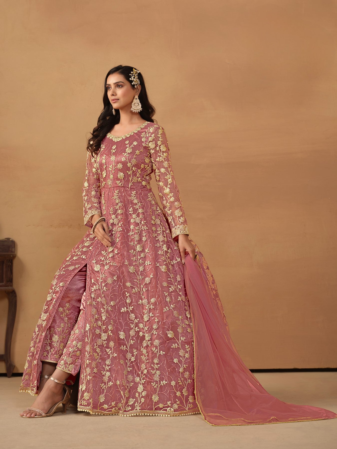 Anaita Pink Embroidered Net Anarkali Suit - Distacart