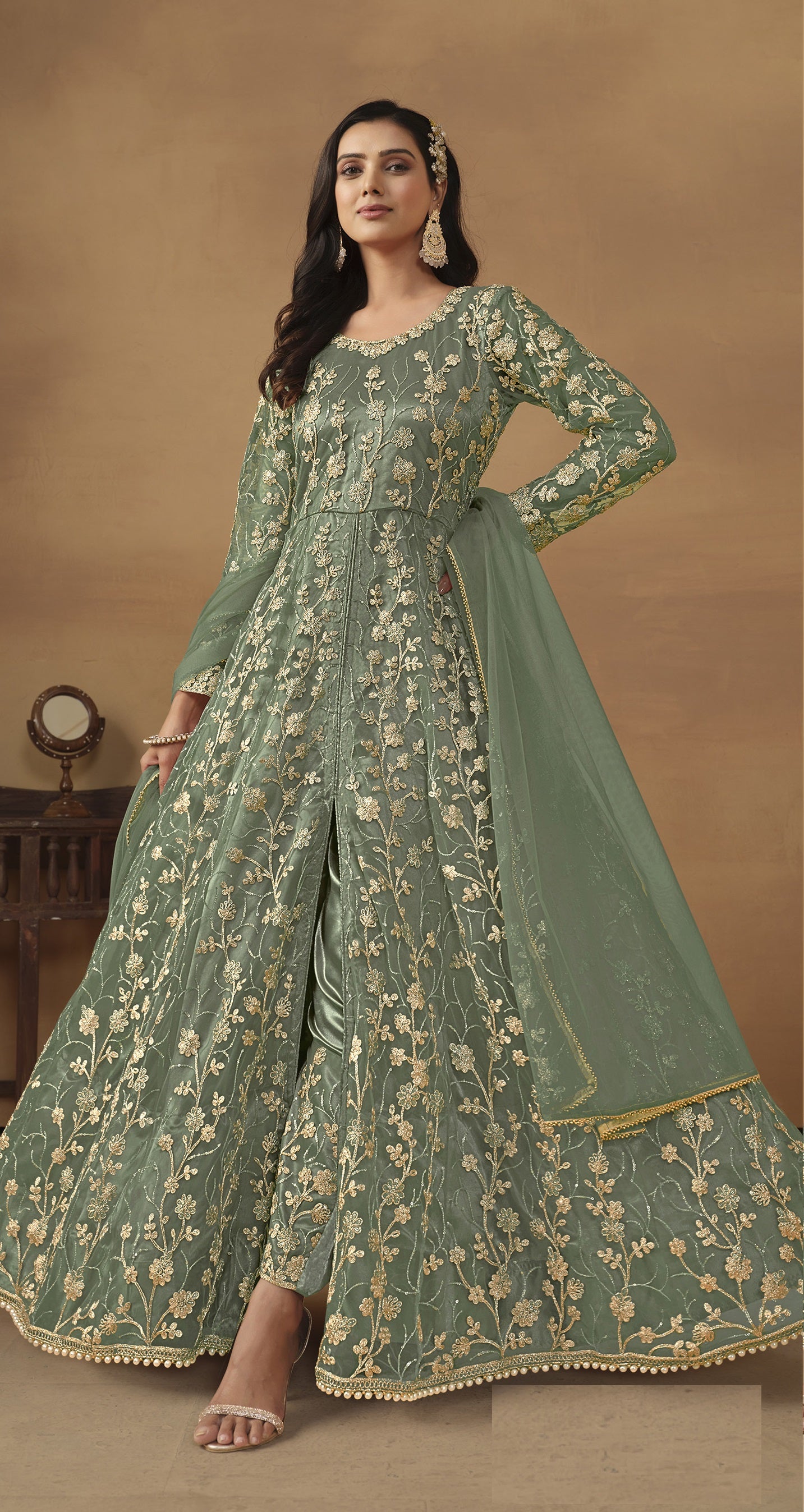 Anaita Light Green Embroidered Butterfly Net Anarkali Suit - Distacart
