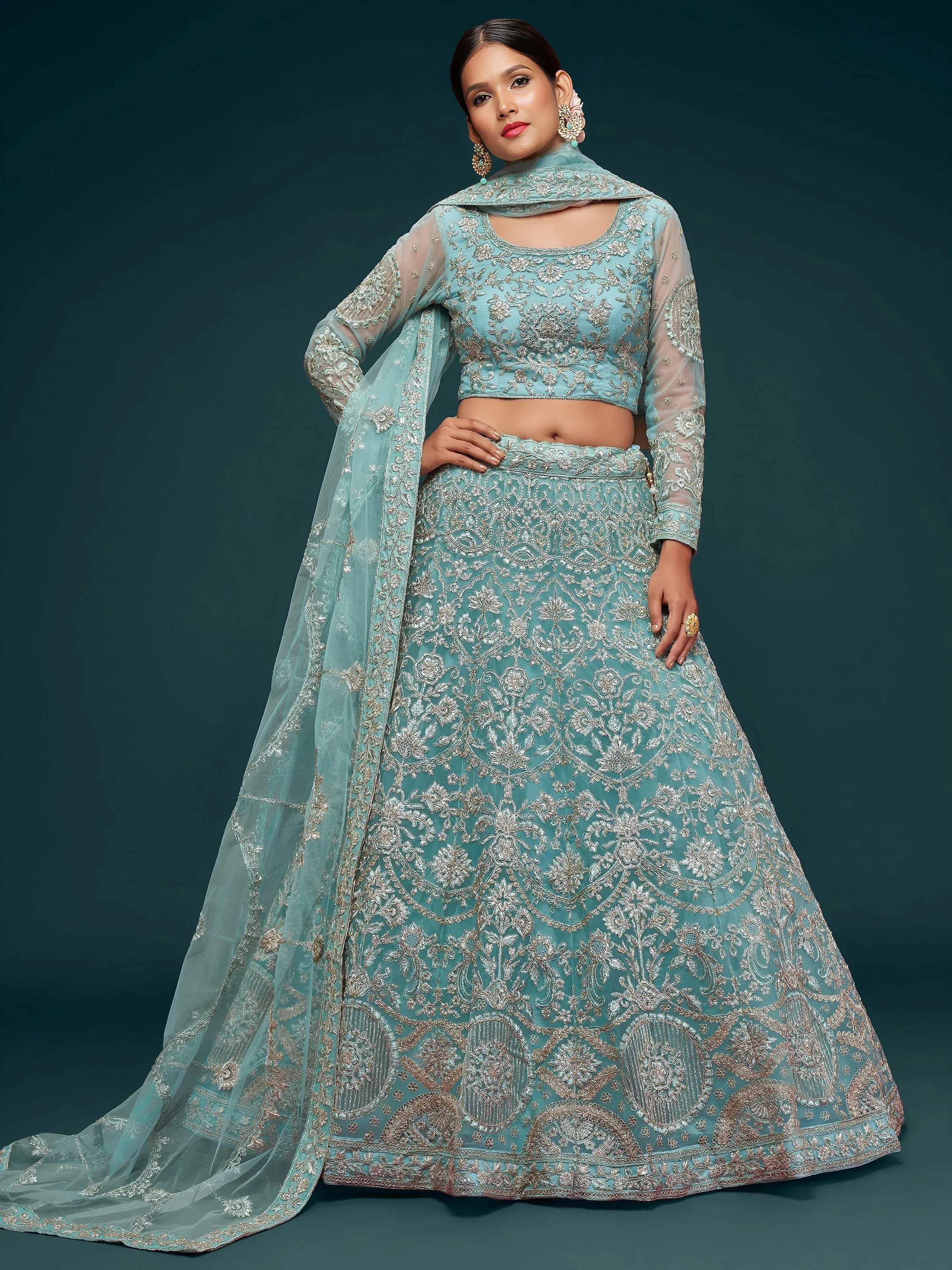 Tulsi Art Attractive Aqua Blue Embroidered Soft Net Occasion Wear Lehenga Choli - Dista