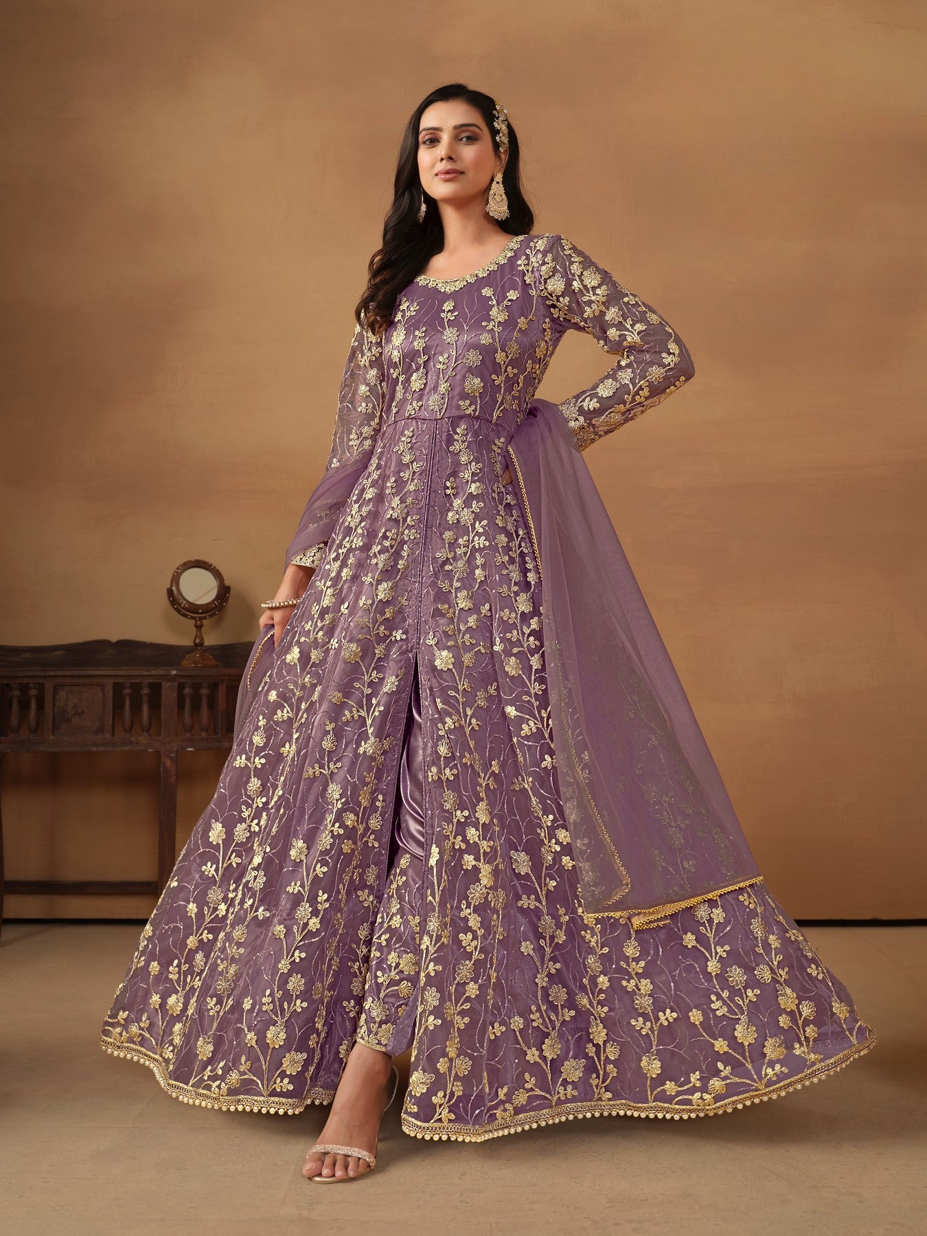 Anaita Purple Embroidered Net Anarkali Suit - Distacart