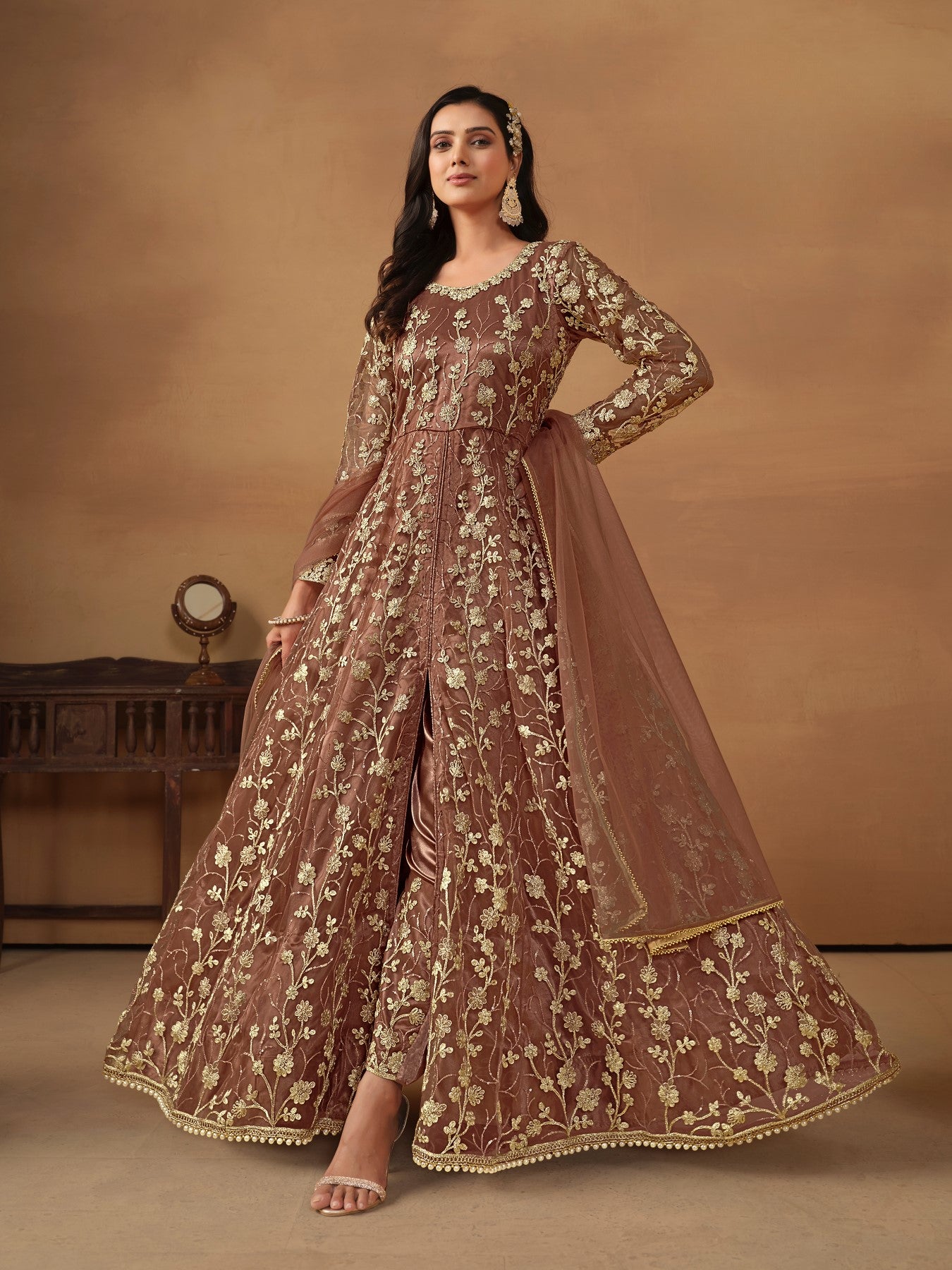 Anaita Brown Embroidered Net Anarkali Suit - Distacart