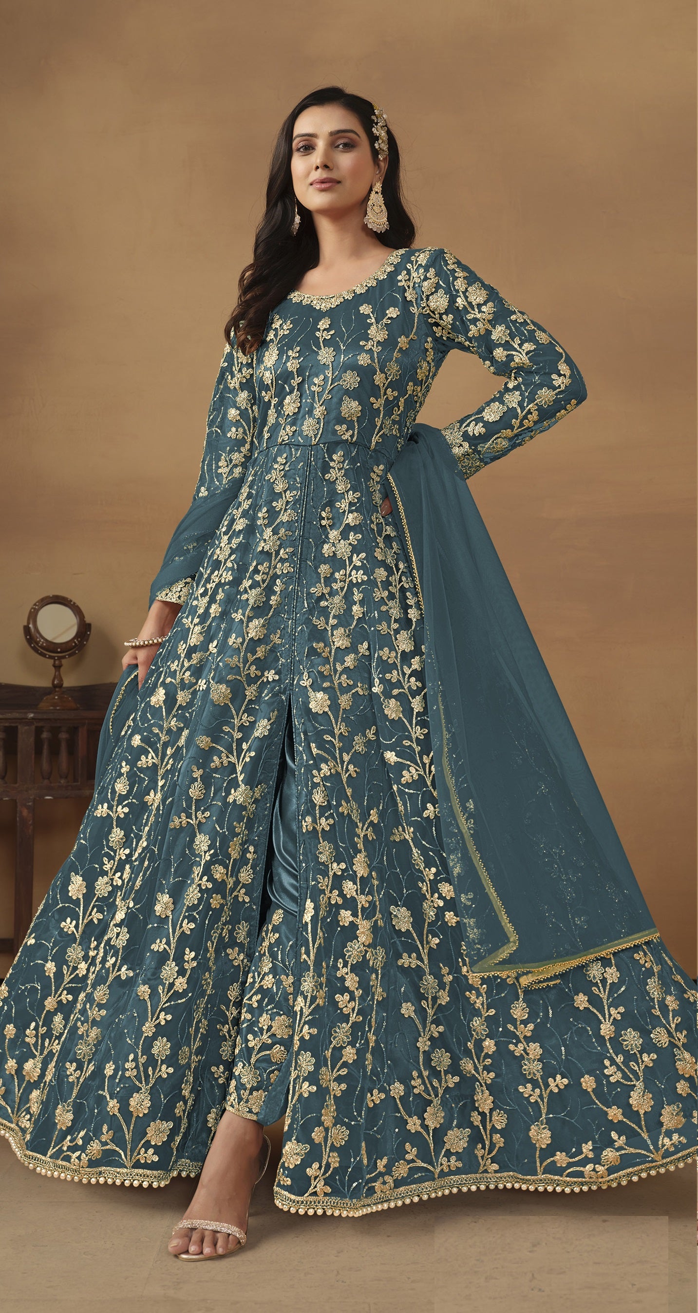 Anaita Dark Grey Embroidered Butterfly Net Anarkali Suit - Distacart