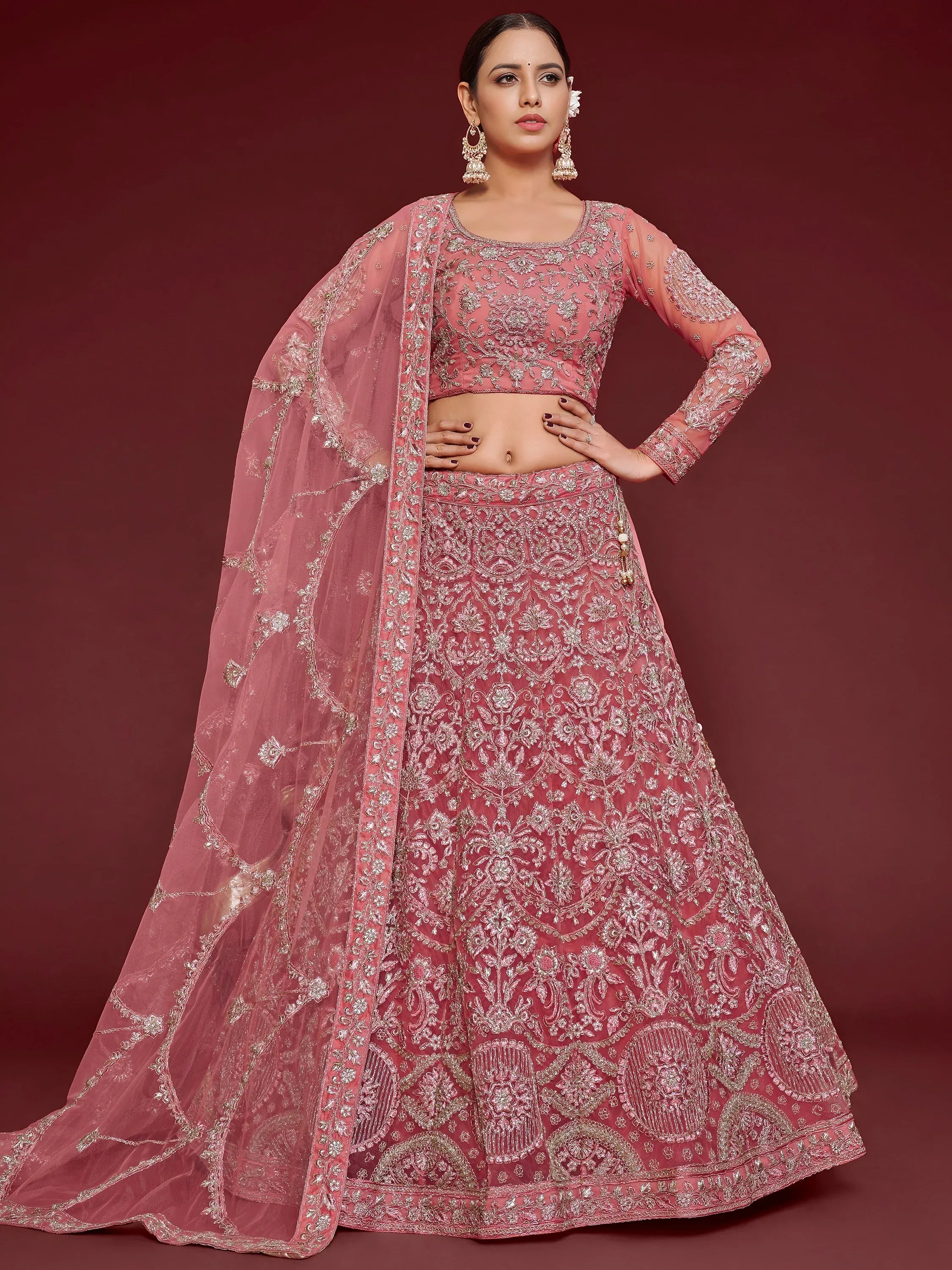 Tulsi Art Captivating Pink Embroidered Soft Net Event Wear Lehenga Choli - Dista