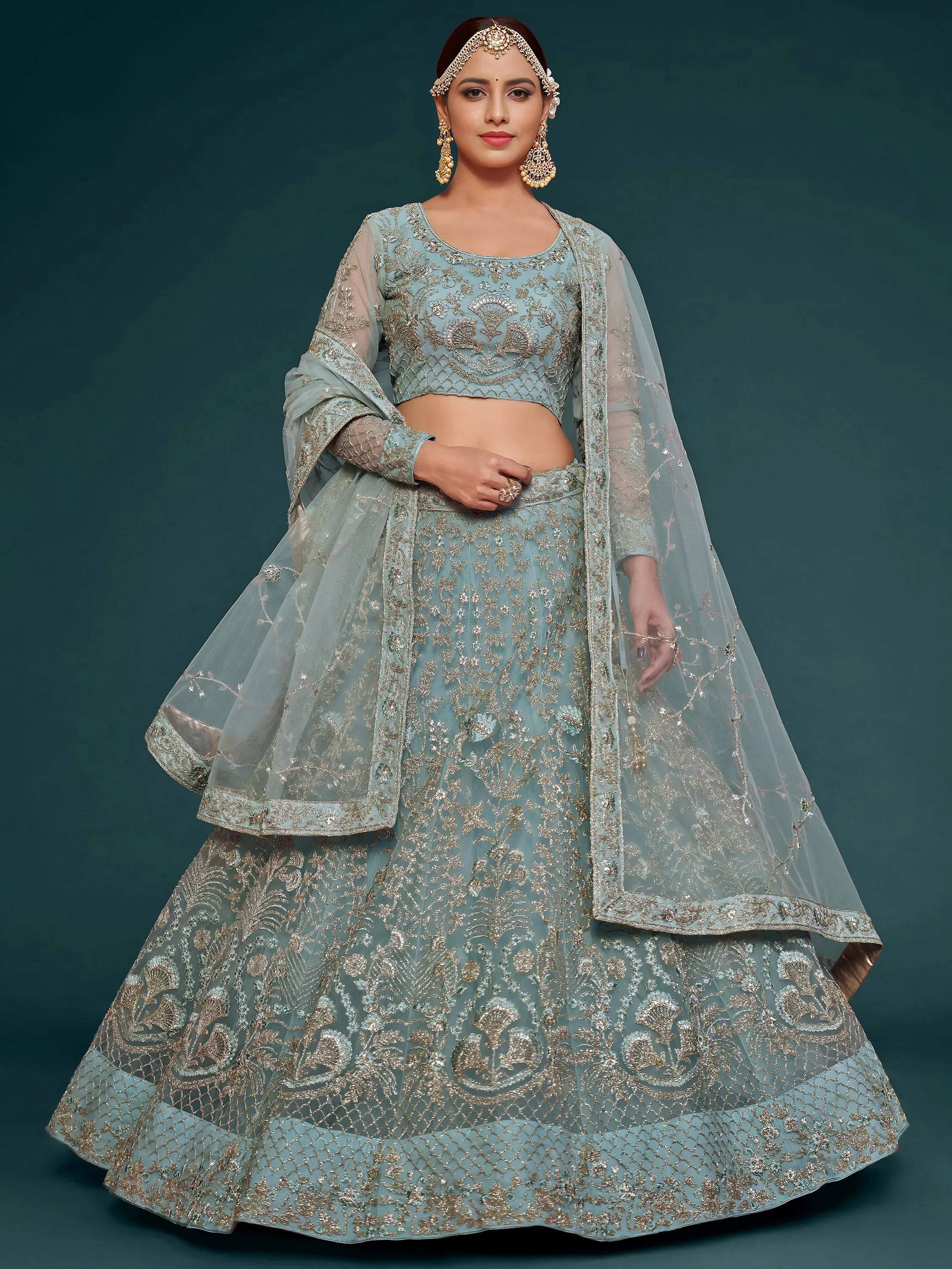Tulsi Art Exquisite Sky-Blue Dori Work Soft Net Ceremony Wear Lehenga Choli - Dista