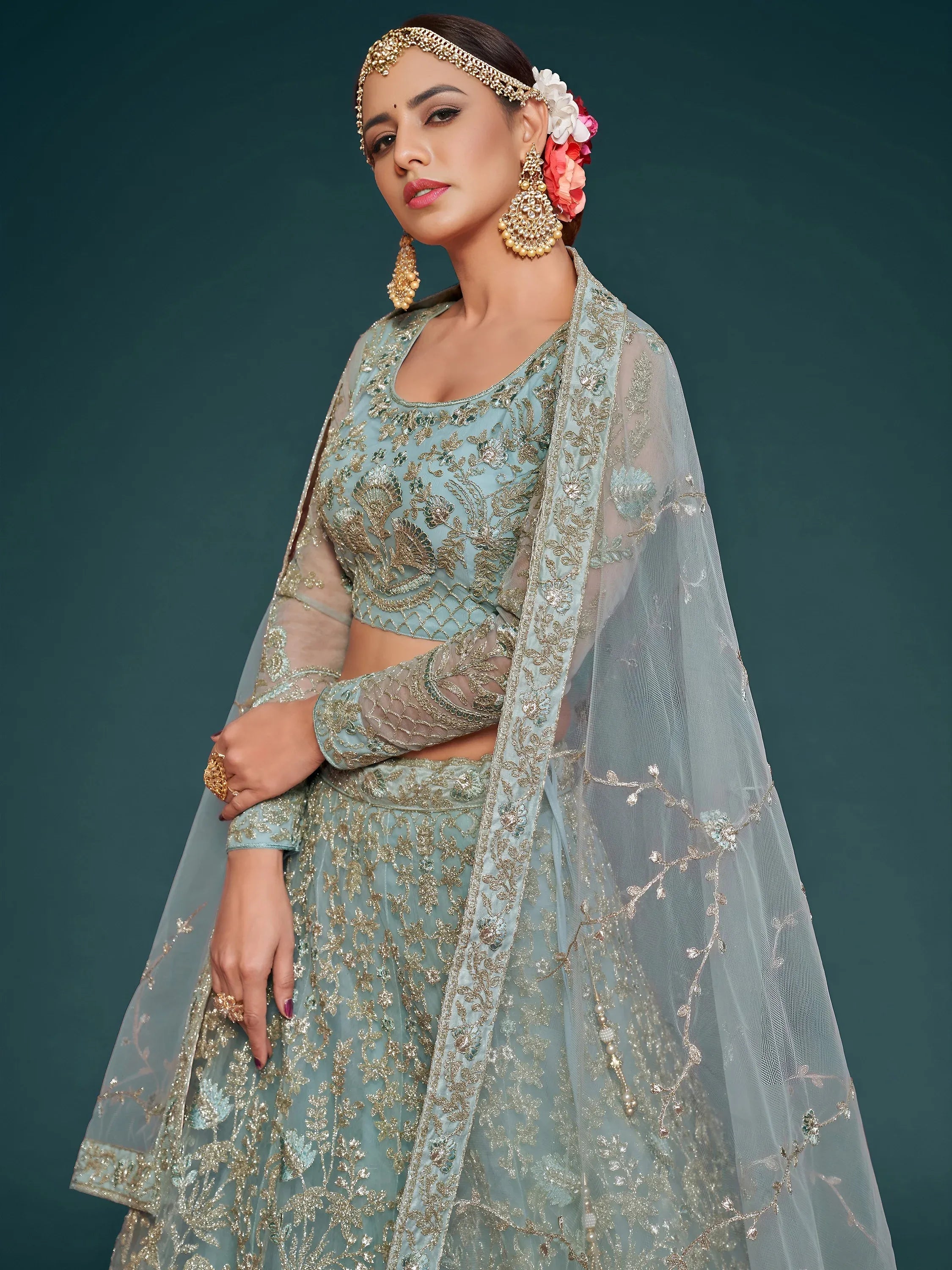 Tulsi Art Exquisite Sky-Blue Dori Work Soft Net Ceremony Wear Lehenga Choli