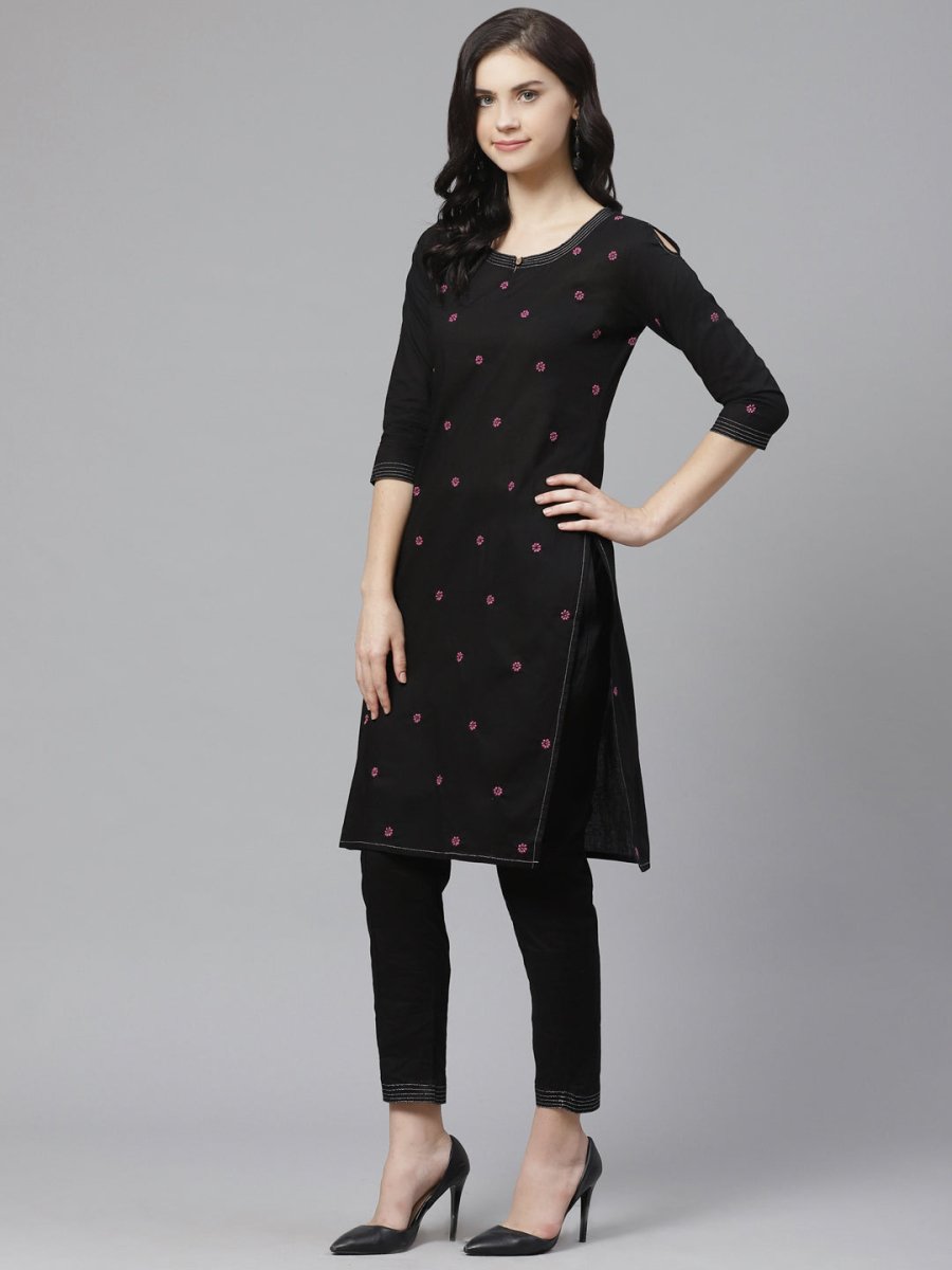 ADA Women Black & Pink Chikankari Embroidered Sustainable Handloom Kurta with Trousers - Distacart